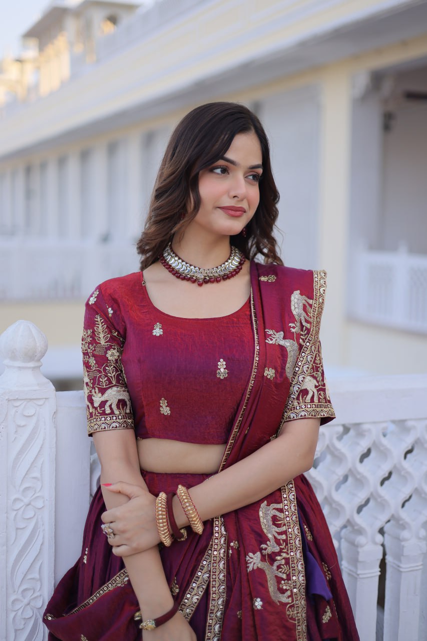 D 17 Elegant Maroon Embroidered Lehenga Choli Set