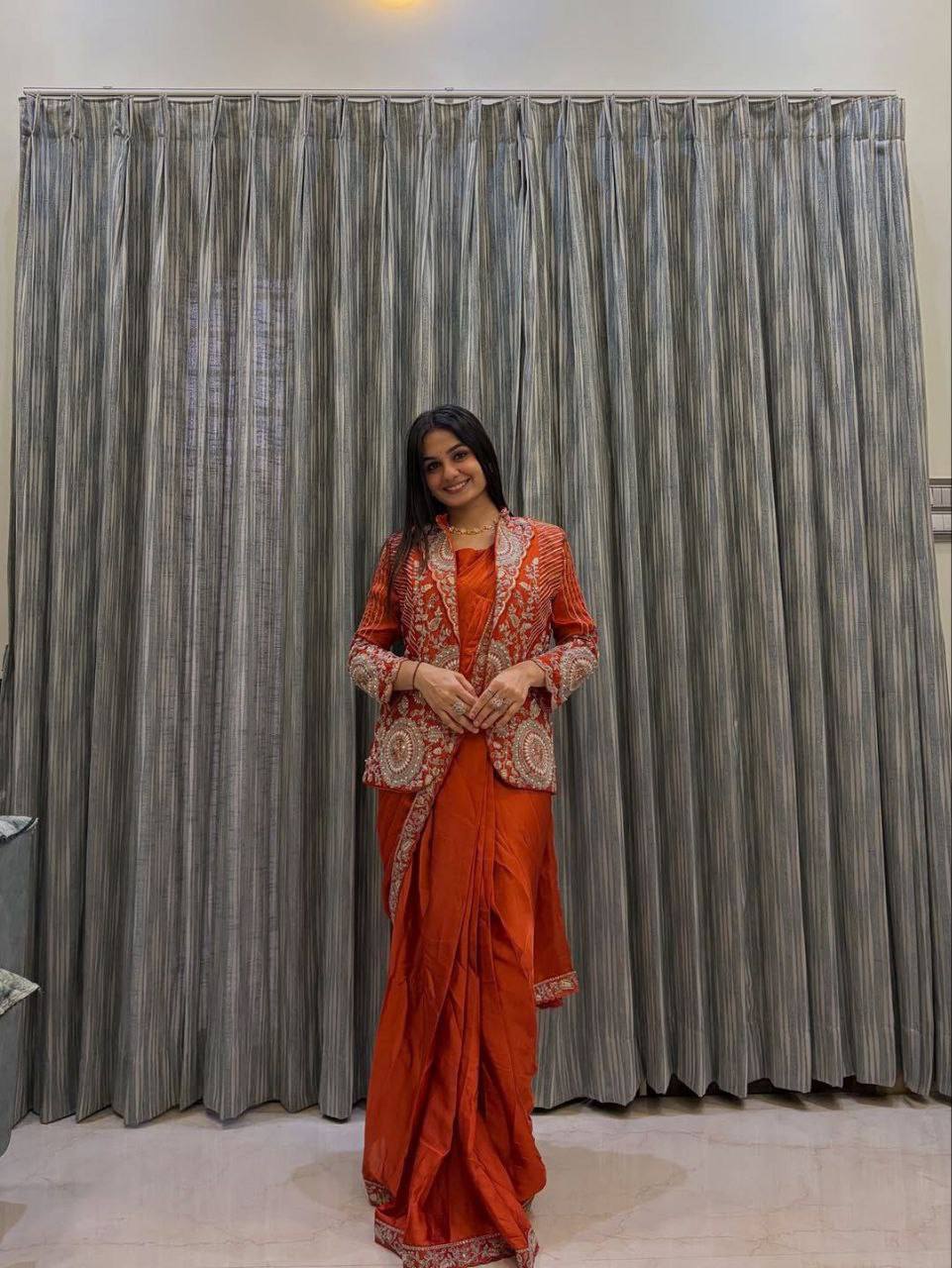 D 55 🧡 Rust Orange Saree with Heavy Embroidery Jacket