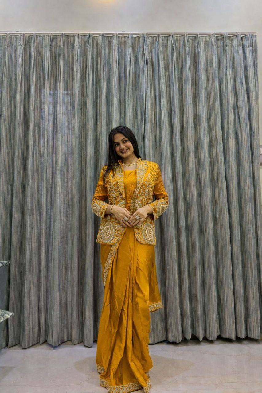 D 59 💛 Mustard Yellow Saree with Embroidered Jacket