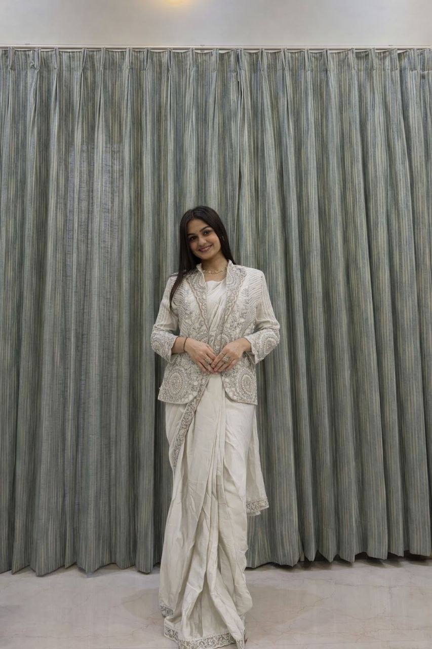 D 61 🤍 Off-White / Ivory Saree with Elegant Jacket