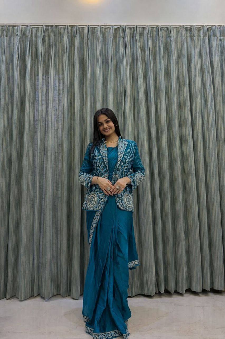 D 60 💙 Teal Blue Saree with Embroidered Jacket