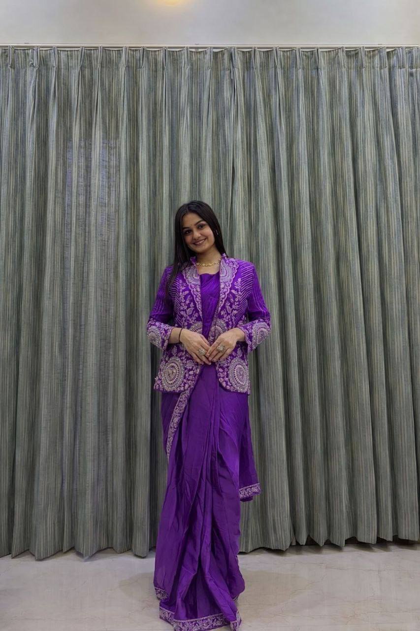 D 58 💜 Royal Purple Saree with Designer Jacket