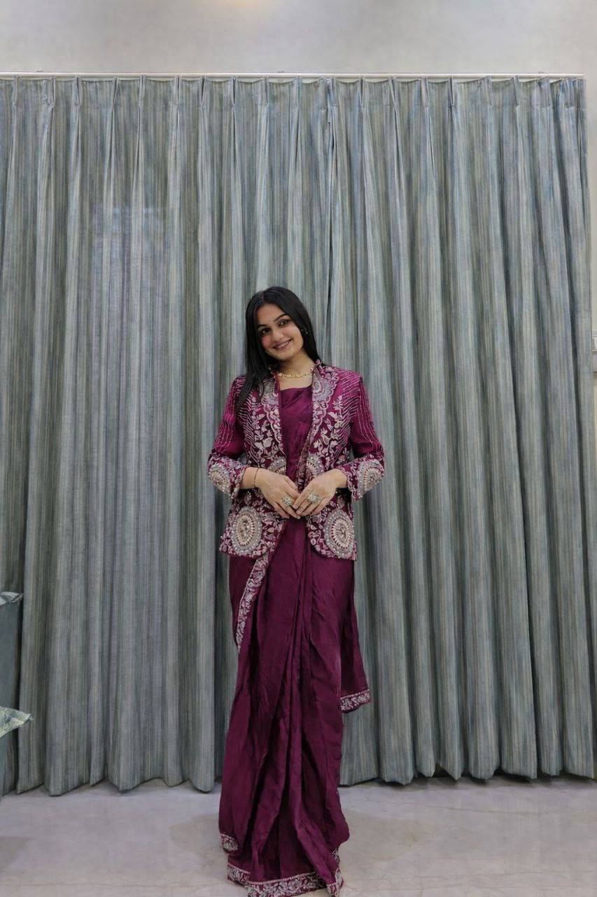 D 56 🍷 Wine / Deep Plum Saree with Embellished Jacket