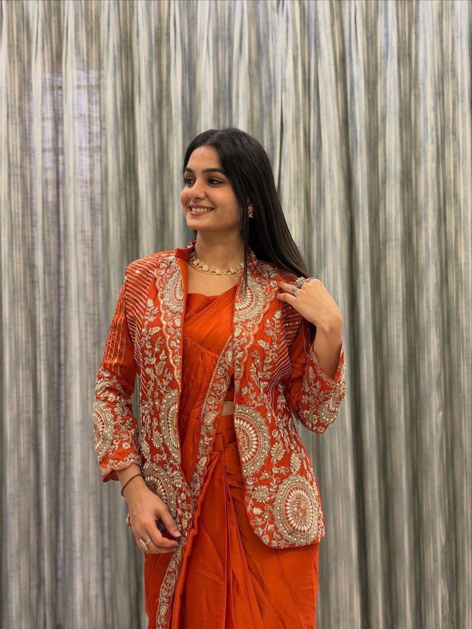 D 55 🧡 Rust Orange Saree with Heavy Embroidery Jacket