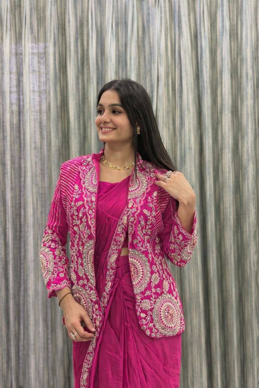 D 57 💗 Rani Pink Saree with Designer Jacket