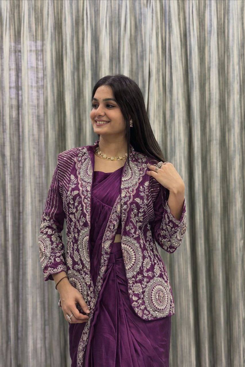 D 56 🍷 Wine / Deep Plum Saree with Embellished Jacket