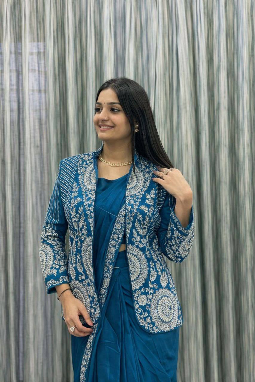 D 60 💙 Teal Blue Saree with Embroidered Jacket