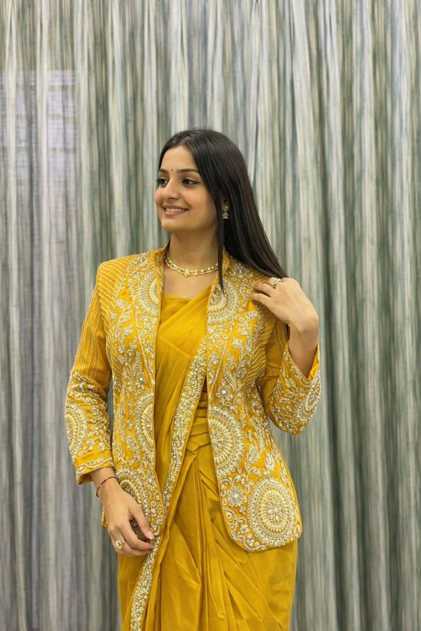 D 59 💛 Mustard Yellow Saree with Embroidered Jacket