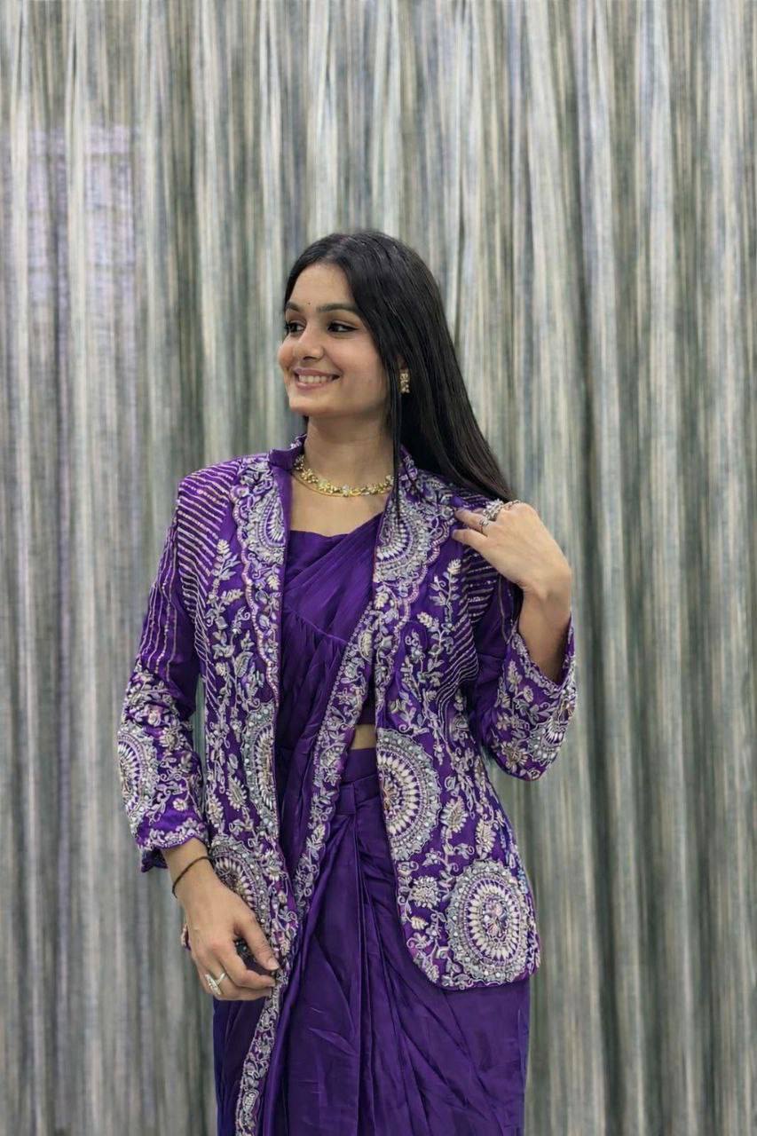 D 58 💜 Royal Purple Saree with Designer Jacket