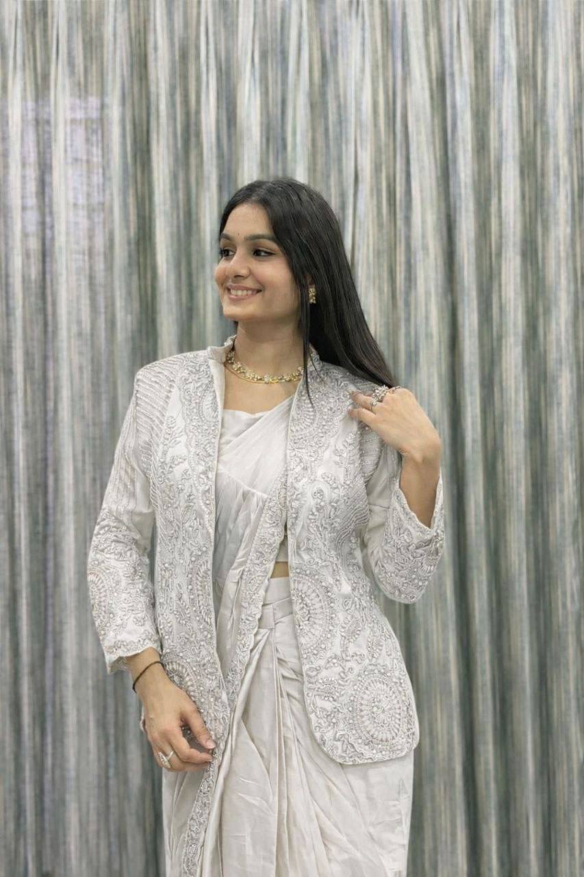 D 61 🤍 Off-White / Ivory Saree with Elegant Jacket