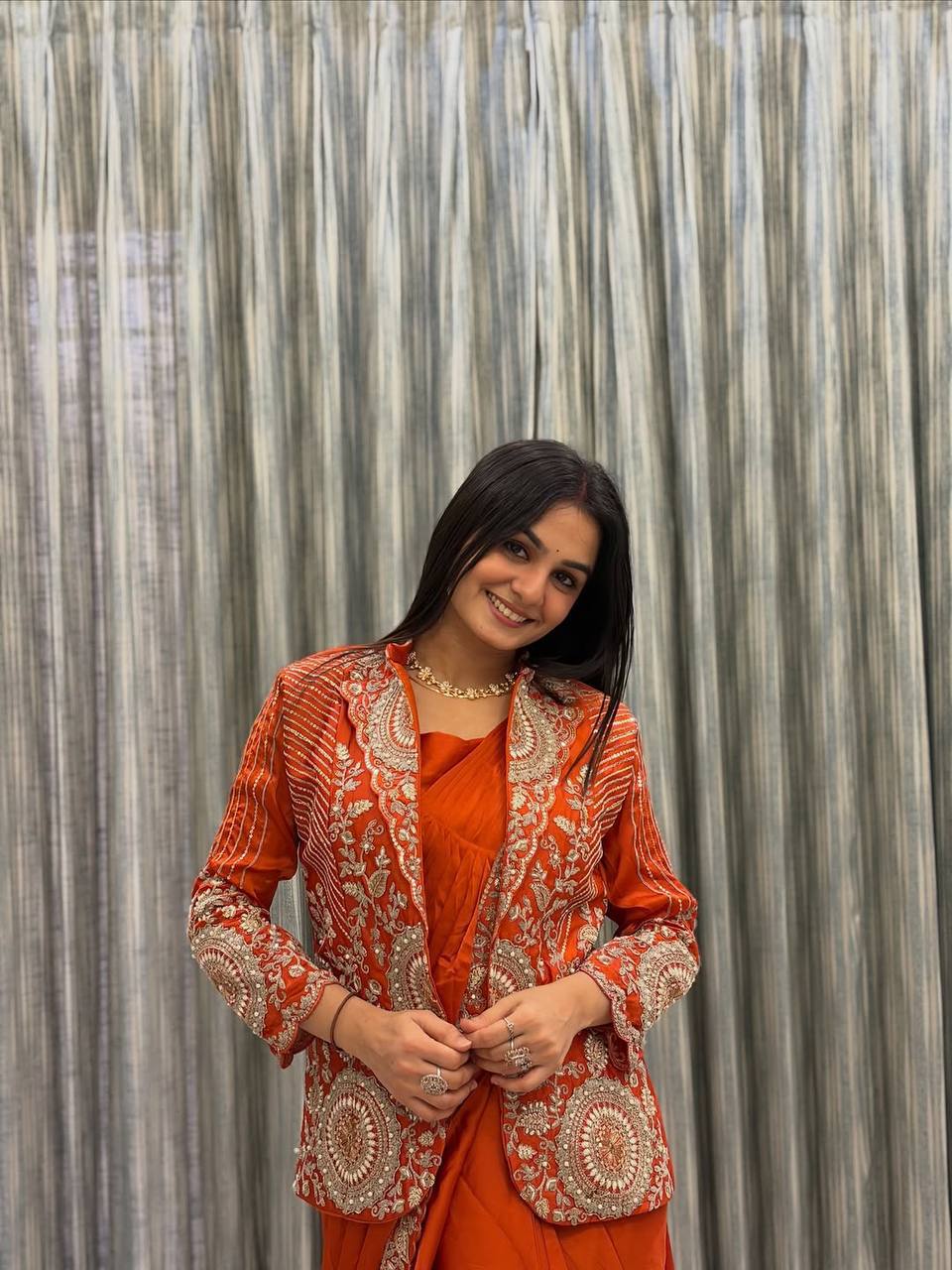 D 55 🧡 Rust Orange Saree with Heavy Embroidery Jacket