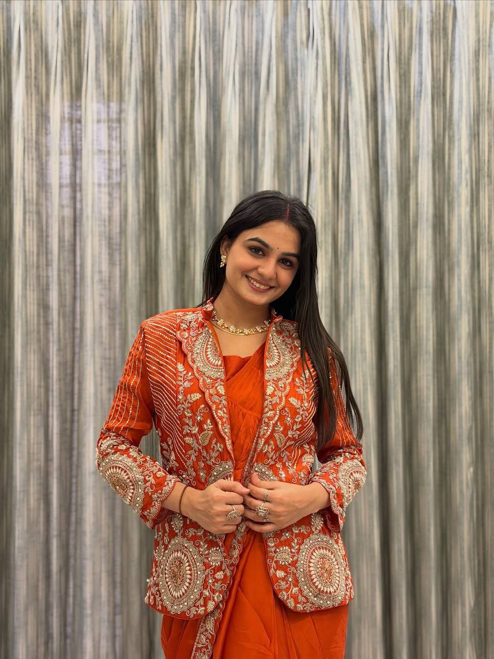 D 55 🧡 Rust Orange Saree with Heavy Embroidery Jacket