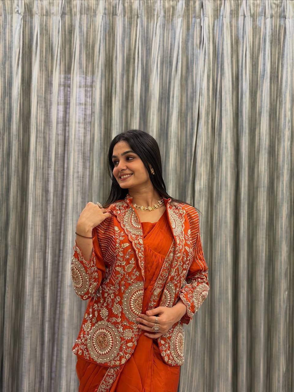 D 55 🧡 Rust Orange Saree with Heavy Embroidery Jacket