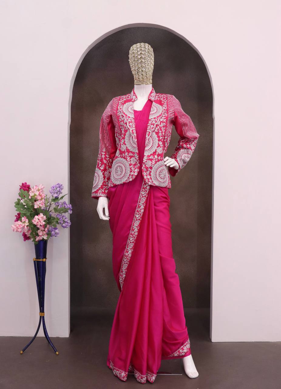D 57 💗 Rani Pink Saree with Designer Jacket