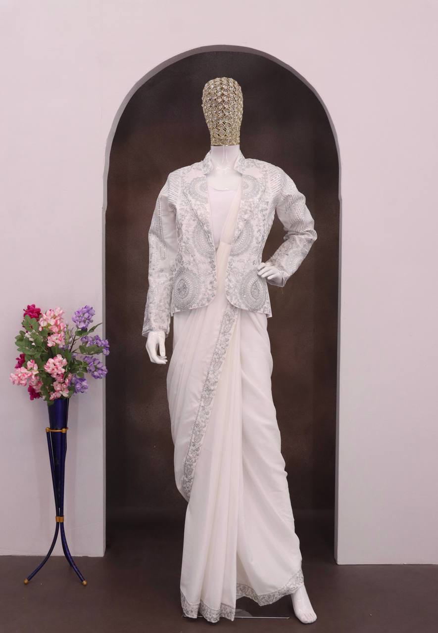 D 61 🤍 Off-White / Ivory Saree with Elegant Jacket