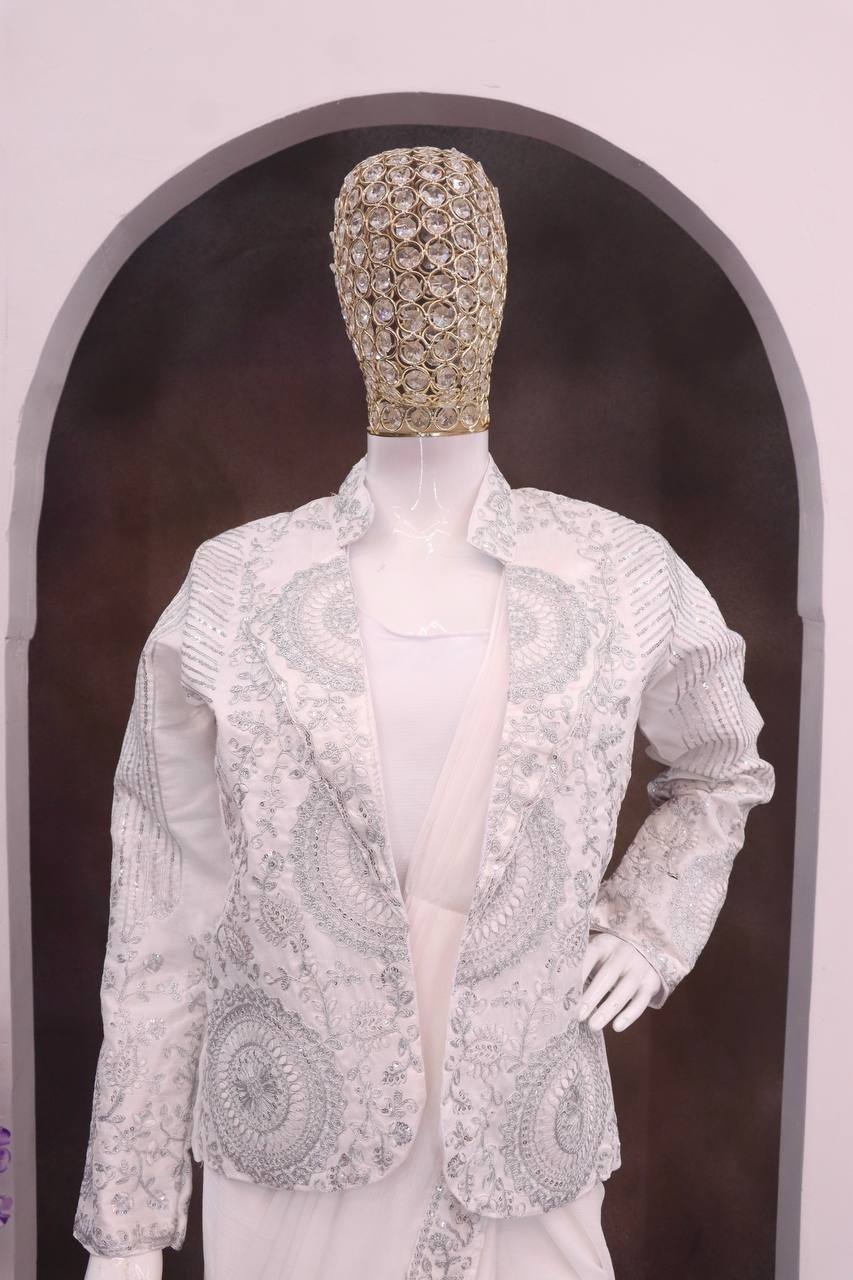 D 61 🤍 Off-White / Ivory Saree with Elegant Jacket