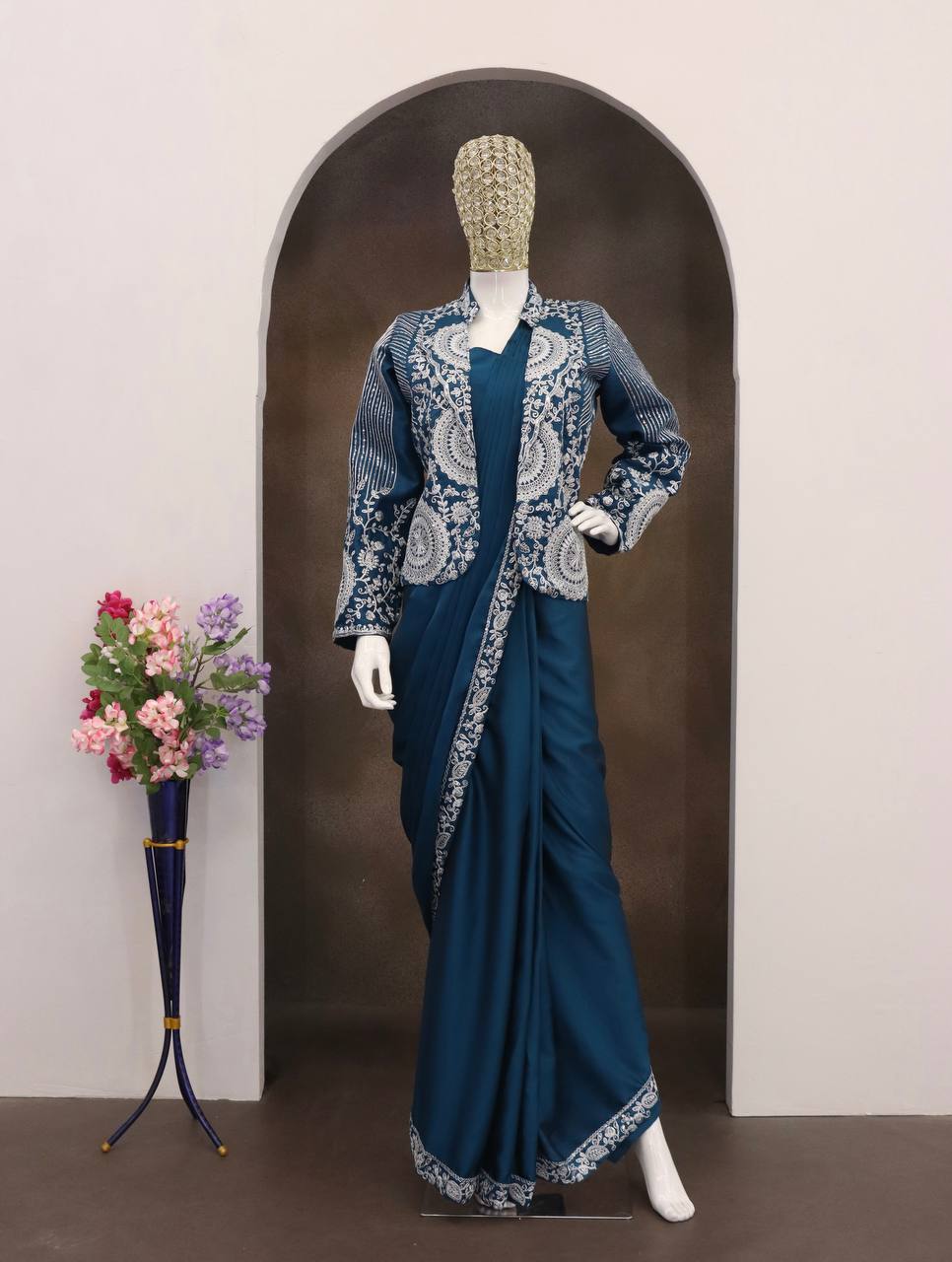 D 60 💙 Teal Blue Saree with Embroidered Jacket