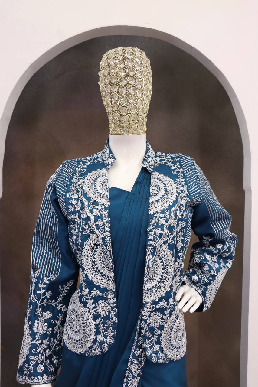 D 60 💙 Teal Blue Saree with Embroidered Jacket