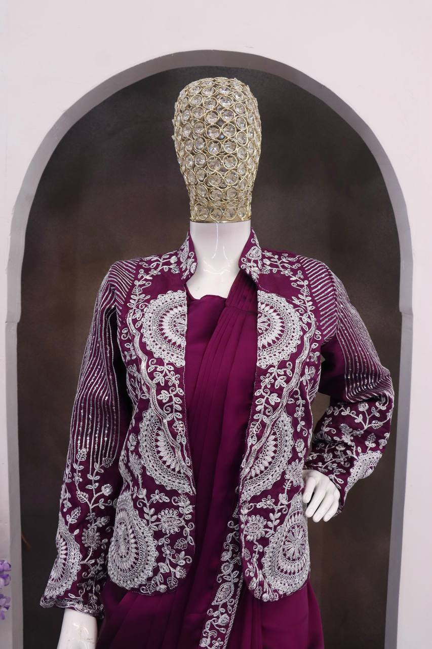 D 56 🍷 Wine / Deep Plum Saree with Embellished Jacket