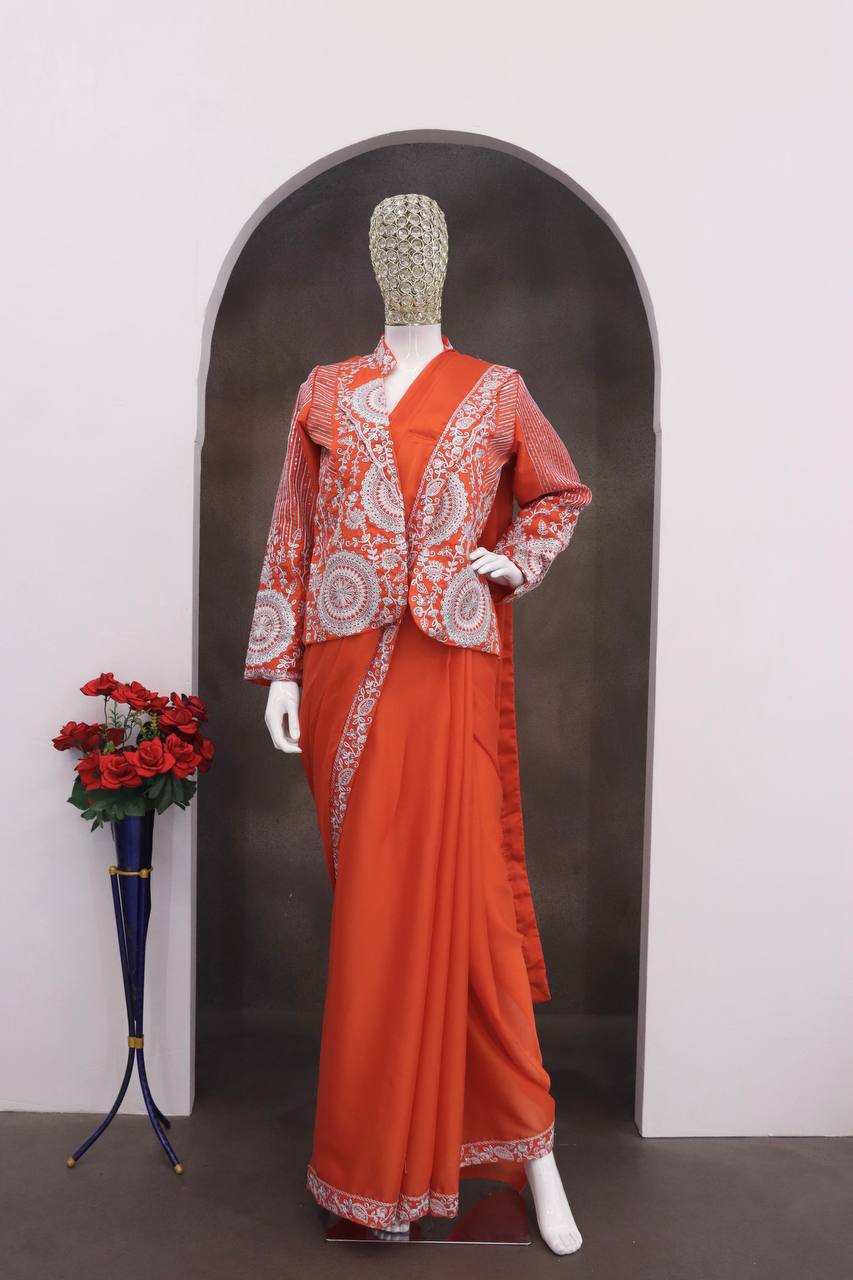 D 55 🧡 Rust Orange Saree with Heavy Embroidery Jacket
