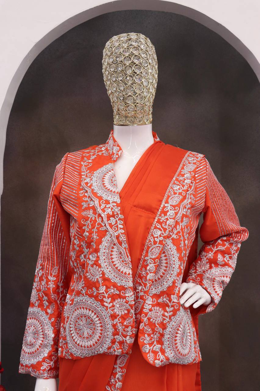 D 55 🧡 Rust Orange Saree with Heavy Embroidery Jacket