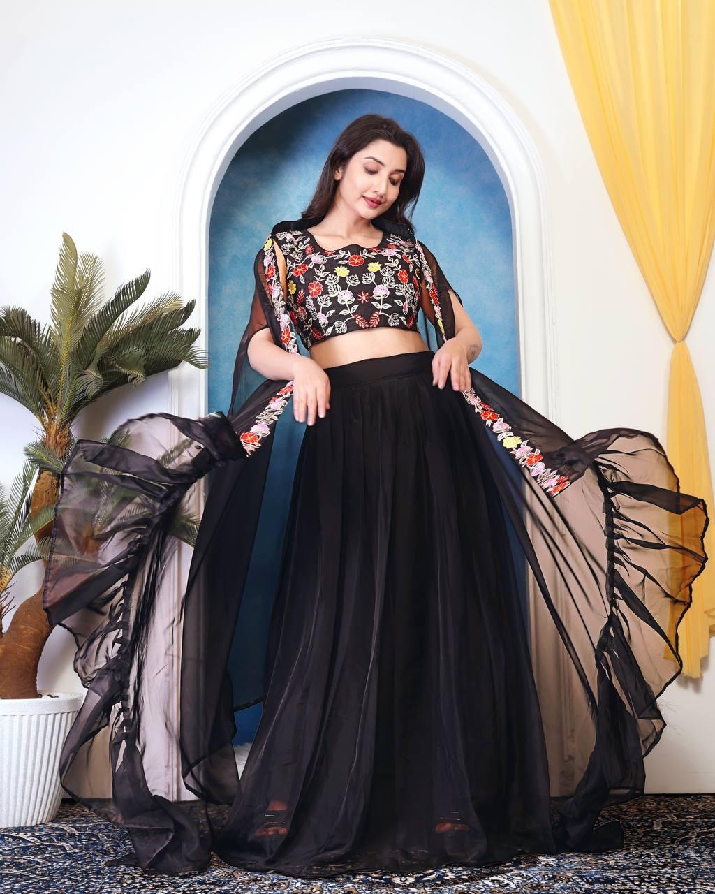 D 70  ✨ Contemporary Black Floral Lehenga Set