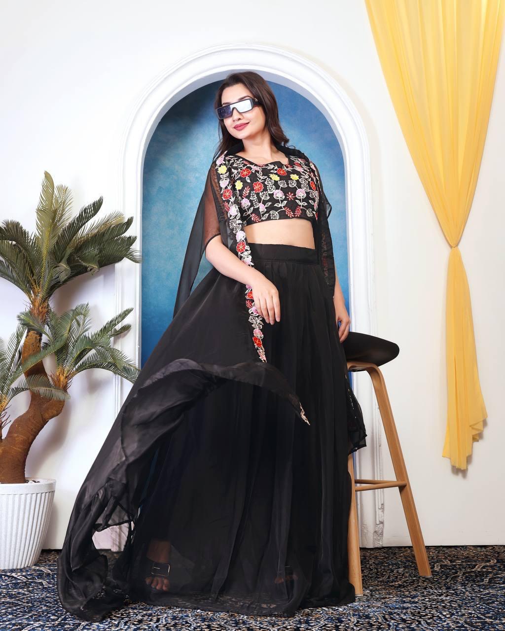 D 70  ✨ Contemporary Black Floral Lehenga Set