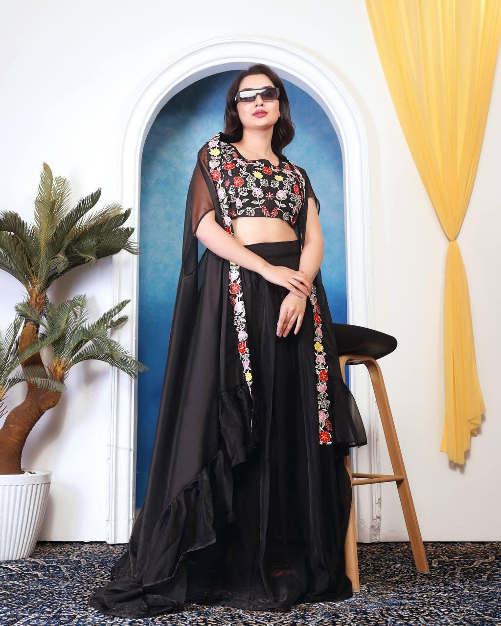 D 70  ✨ Contemporary Black Floral Lehenga Set