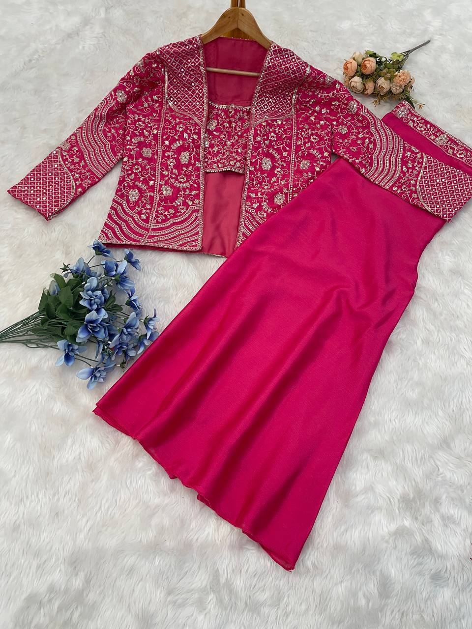 D 74 ✨ Designer Pink Embroidered Co-Ord Set with Jacket ✨