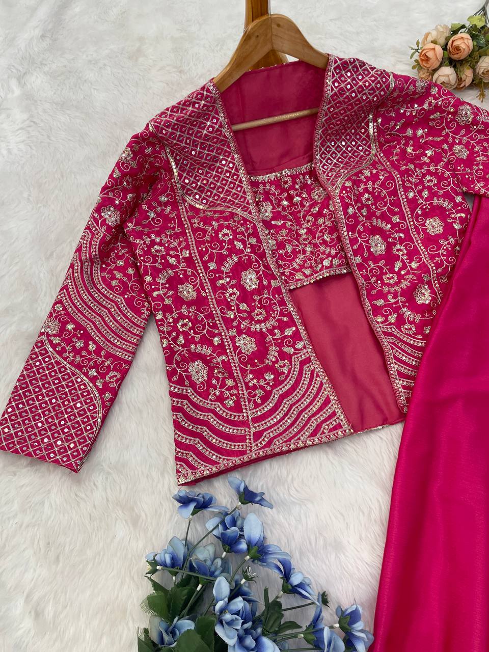 D 74 ✨ Designer Pink Embroidered Co-Ord Set with Jacket ✨
