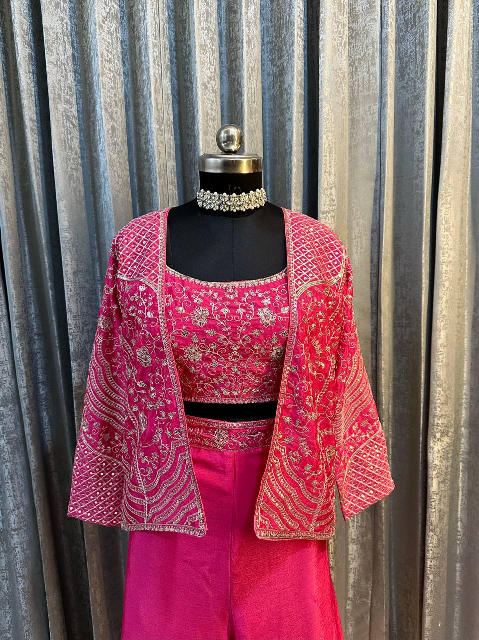 D 74 ✨ Designer Pink Embroidered Co-Ord Set with Jacket ✨