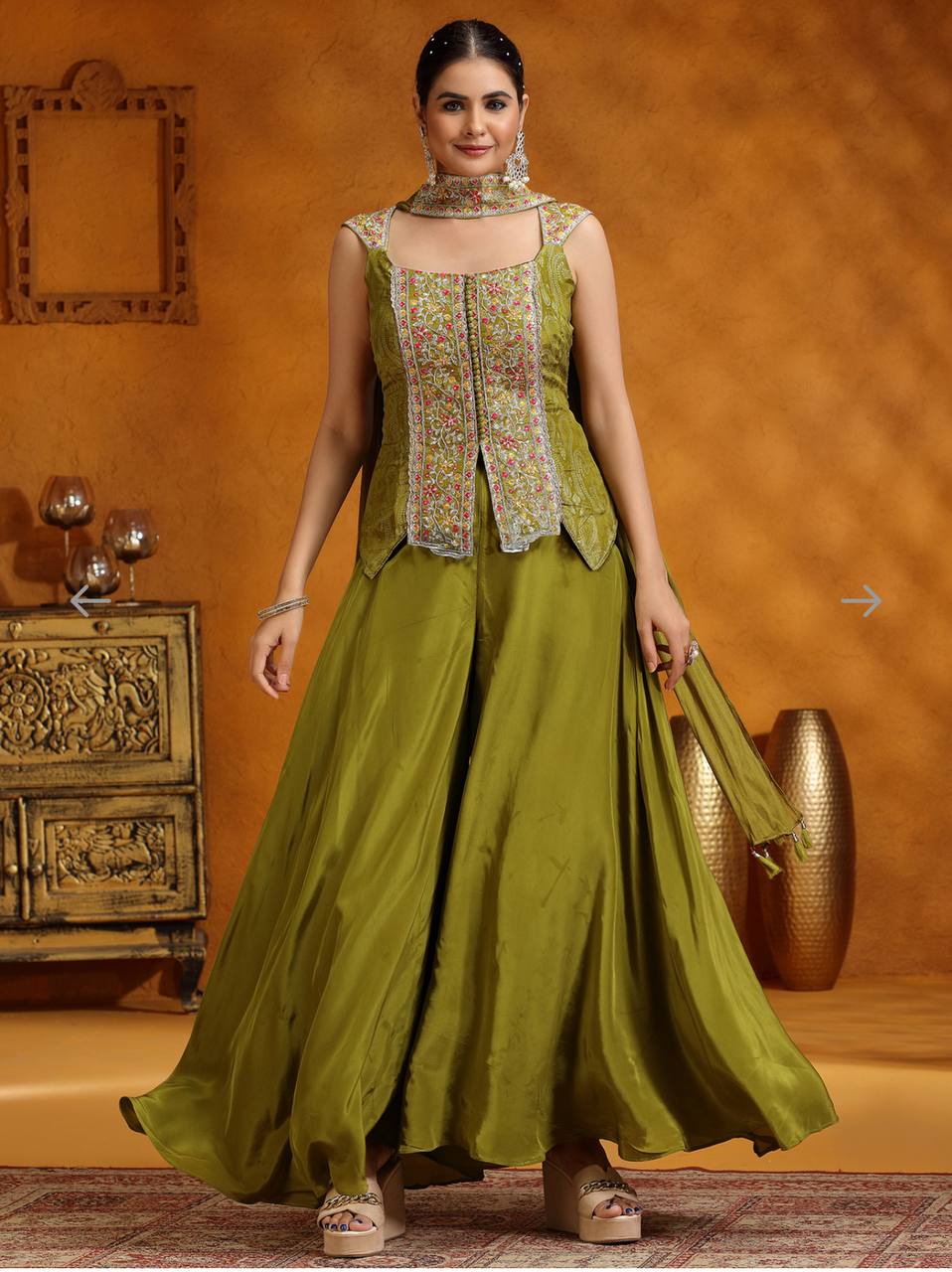 D 76 ✨ Elegant Olive Green Embroidered Palazzo Set ✨