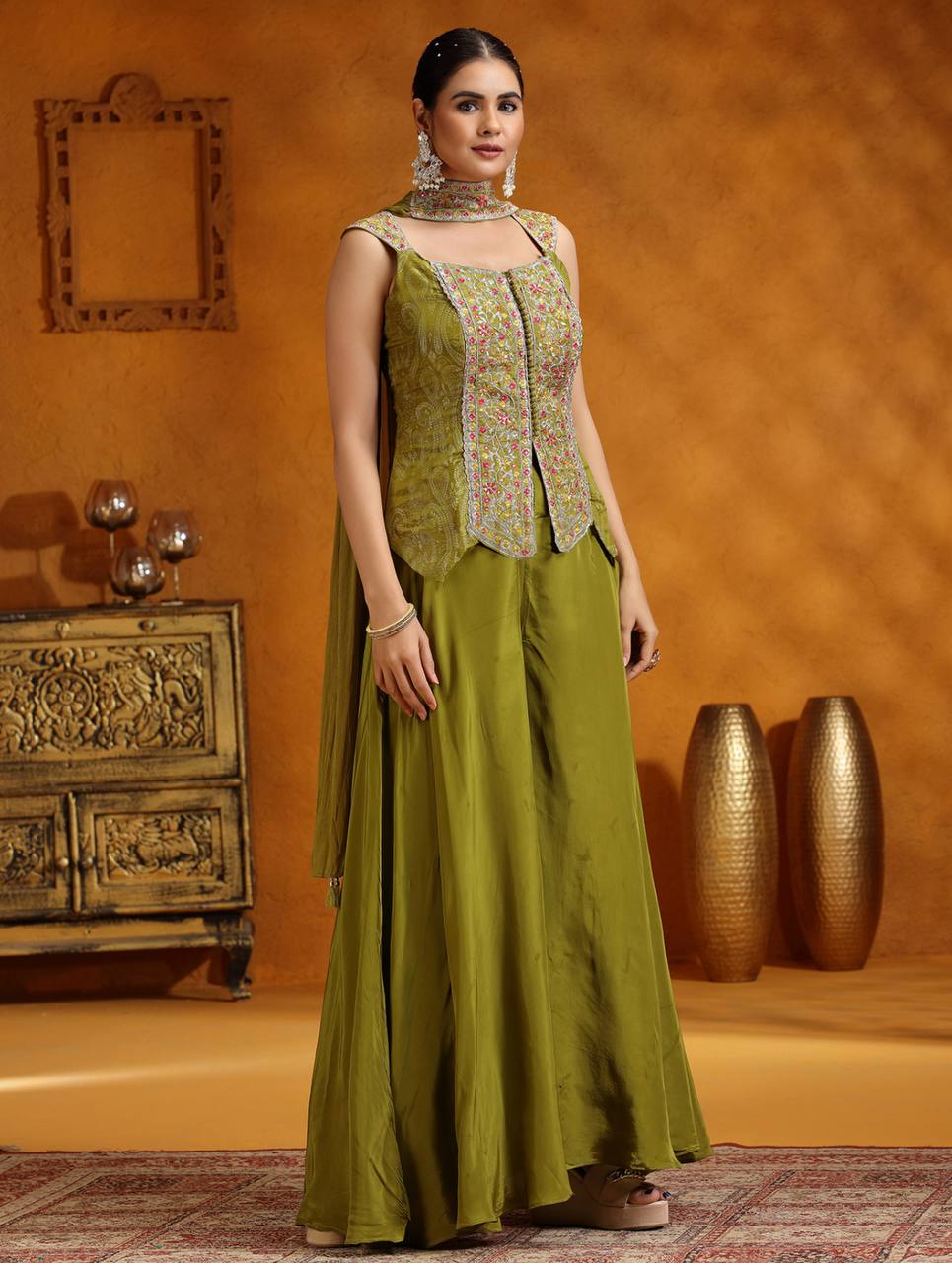 D 76 ✨ Elegant Olive Green Embroidered Palazzo Set ✨