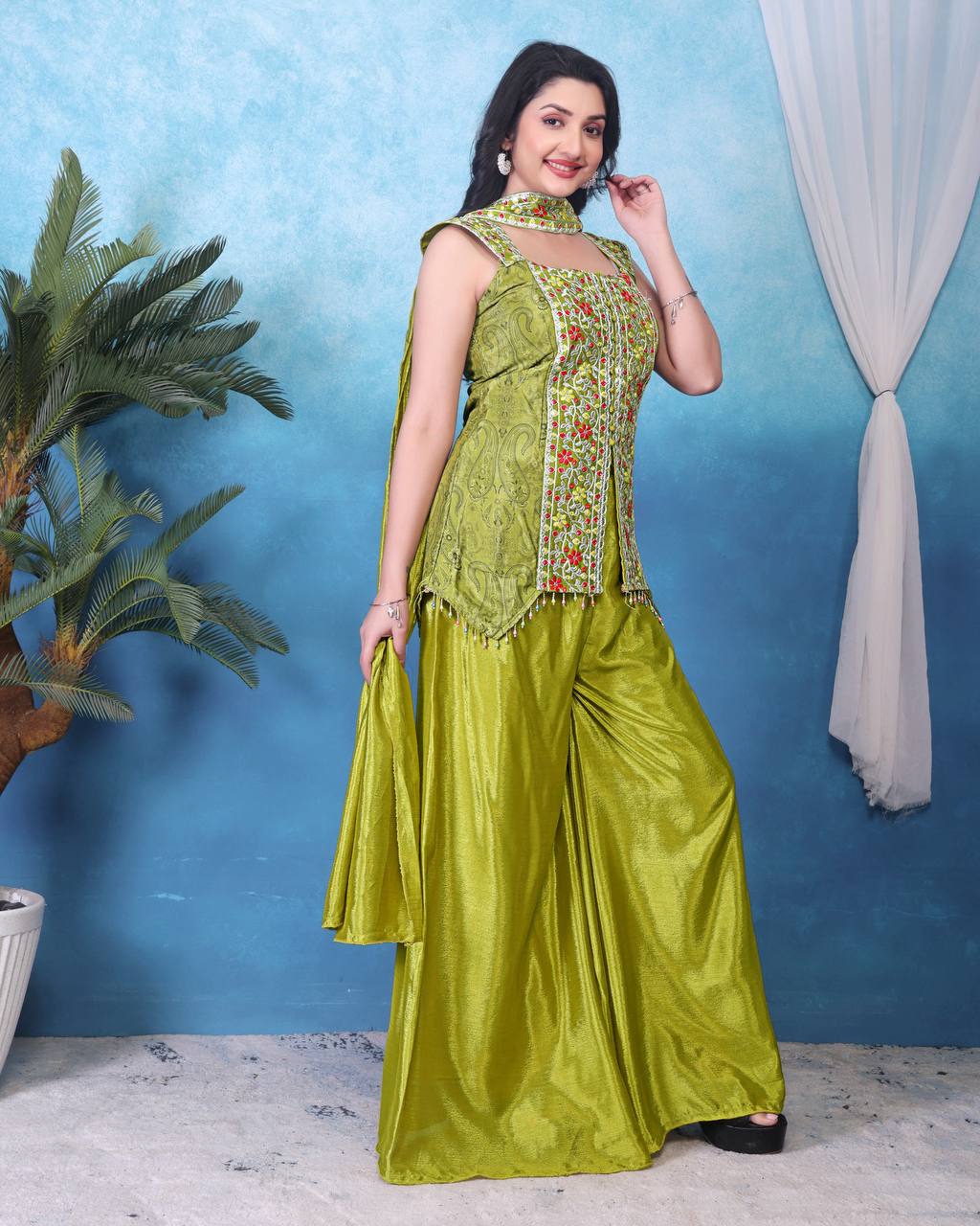 D 76 ✨ Elegant Olive Green Embroidered Palazzo Set ✨