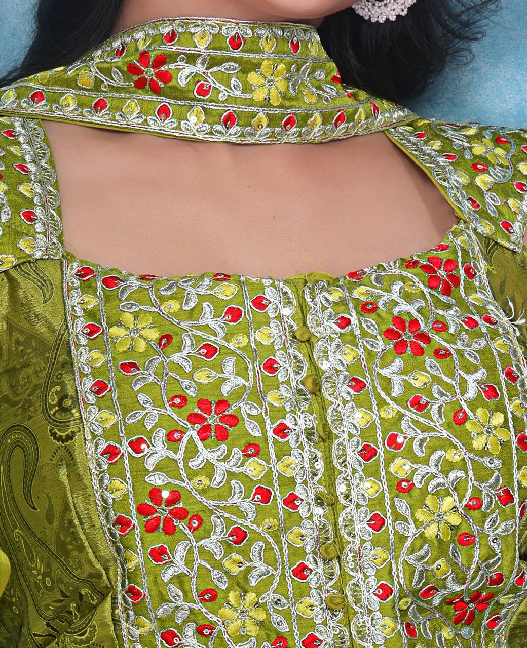 D 76 ✨ Elegant Olive Green Embroidered Palazzo Set ✨