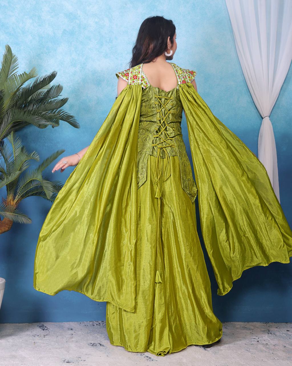 D 76 ✨ Elegant Olive Green Embroidered Palazzo Set ✨