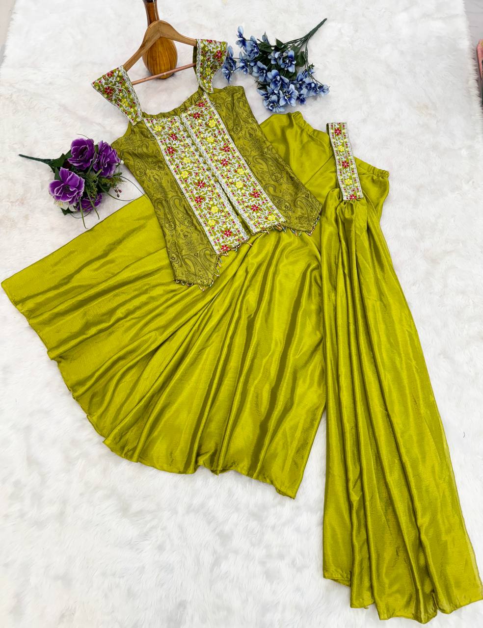 D 76 ✨ Elegant Olive Green Embroidered Palazzo Set ✨