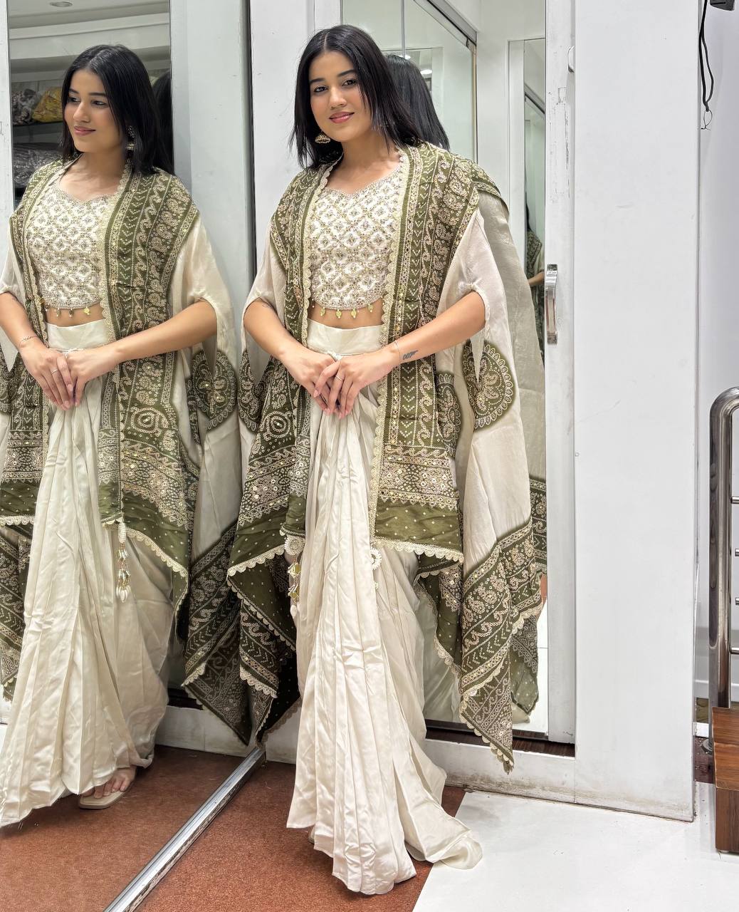 D 95✨ Elegant Ivory &amp; Olive Designer Saree Look ✨