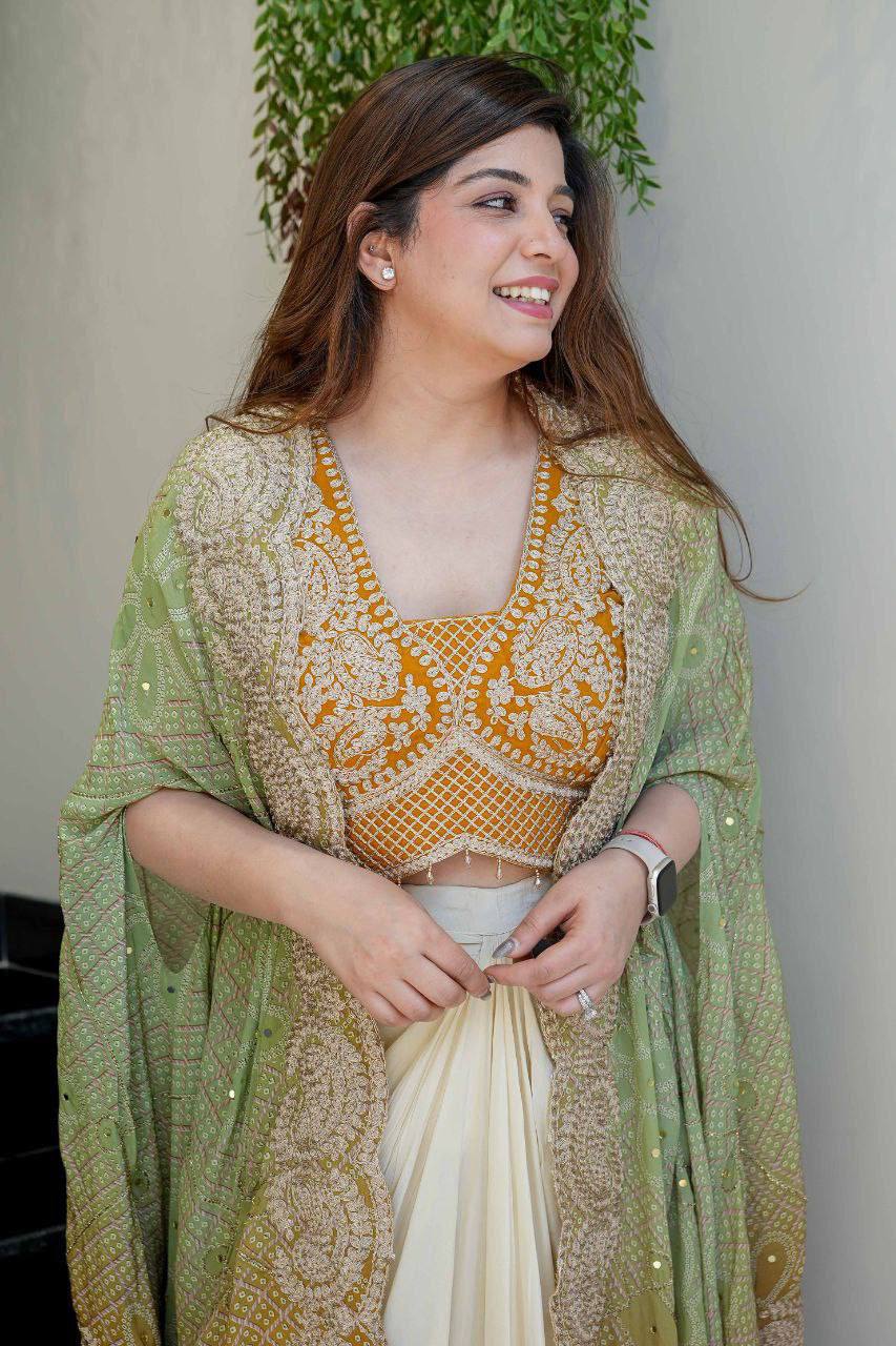 D 97✨ Elegant Ivory Drape Skirt with Embroidered Blouse & Dupatta Set ✨