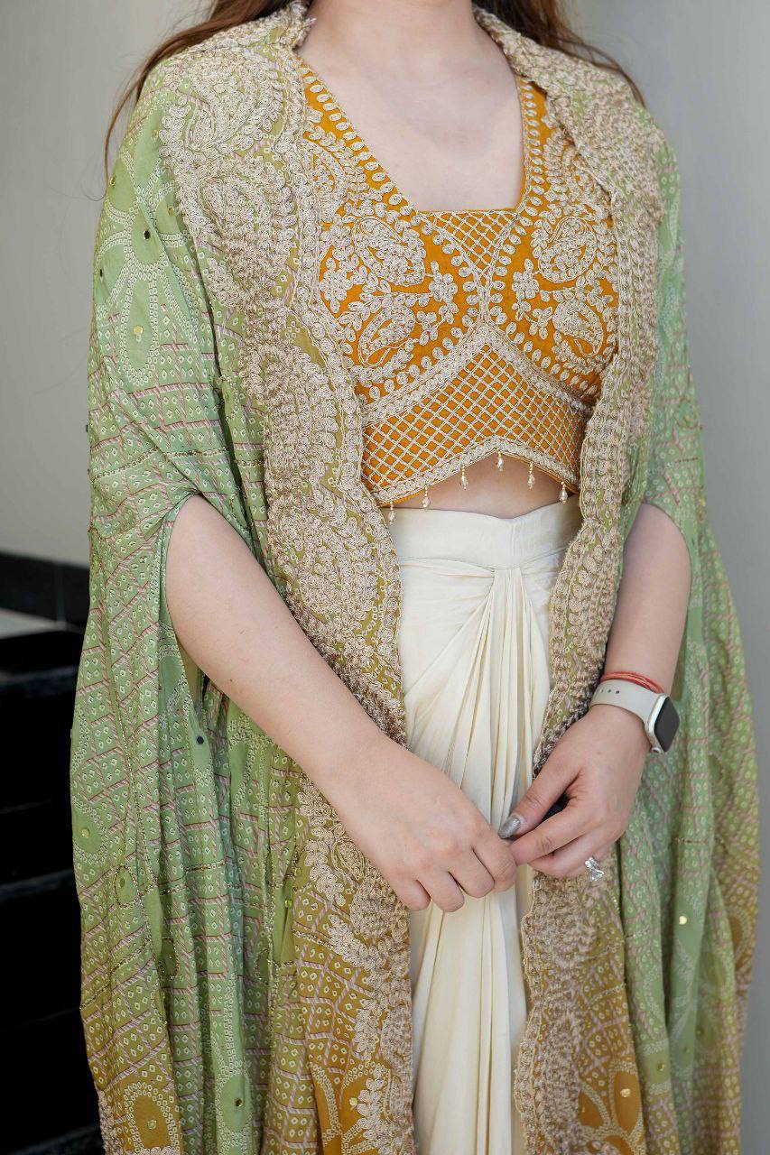 D 97✨ Elegant Ivory Drape Skirt with Embroidered Blouse & Dupatta Set ✨