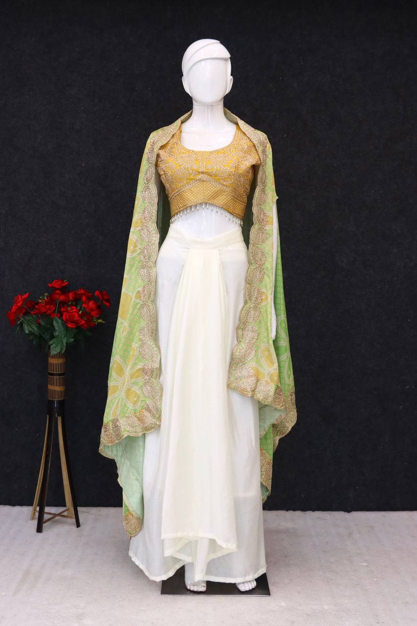 D 97✨ Elegant Ivory Drape Skirt with Embroidered Blouse & Dupatta Set ✨