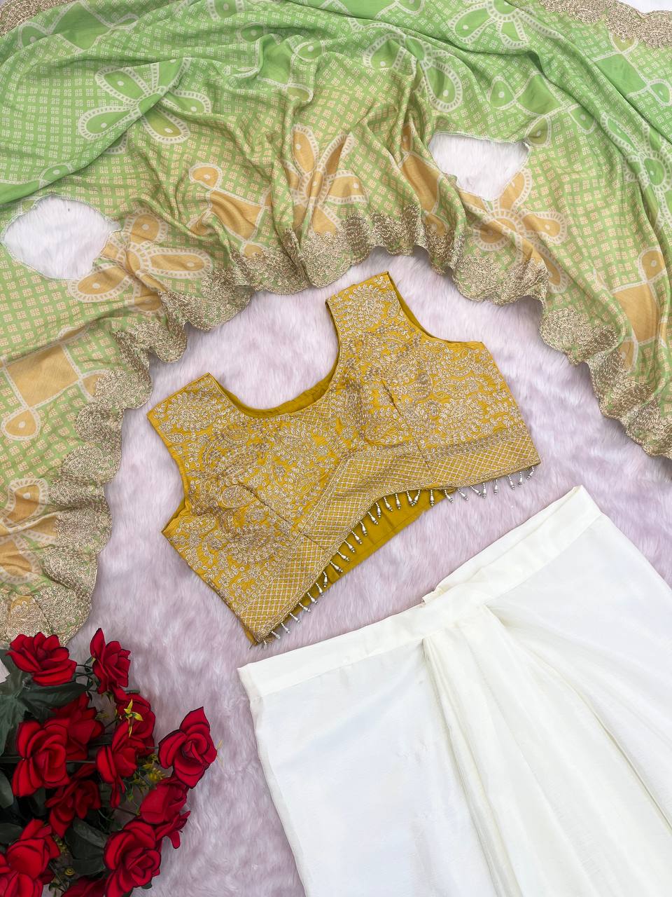 D 97✨ Elegant Ivory Drape Skirt with Embroidered Blouse & Dupatta Set ✨