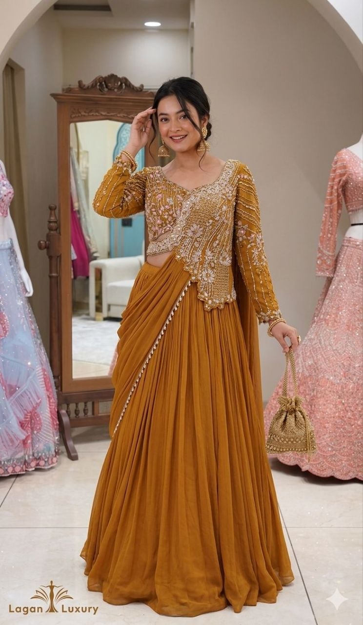 embroidered lehenga with drape style blouse