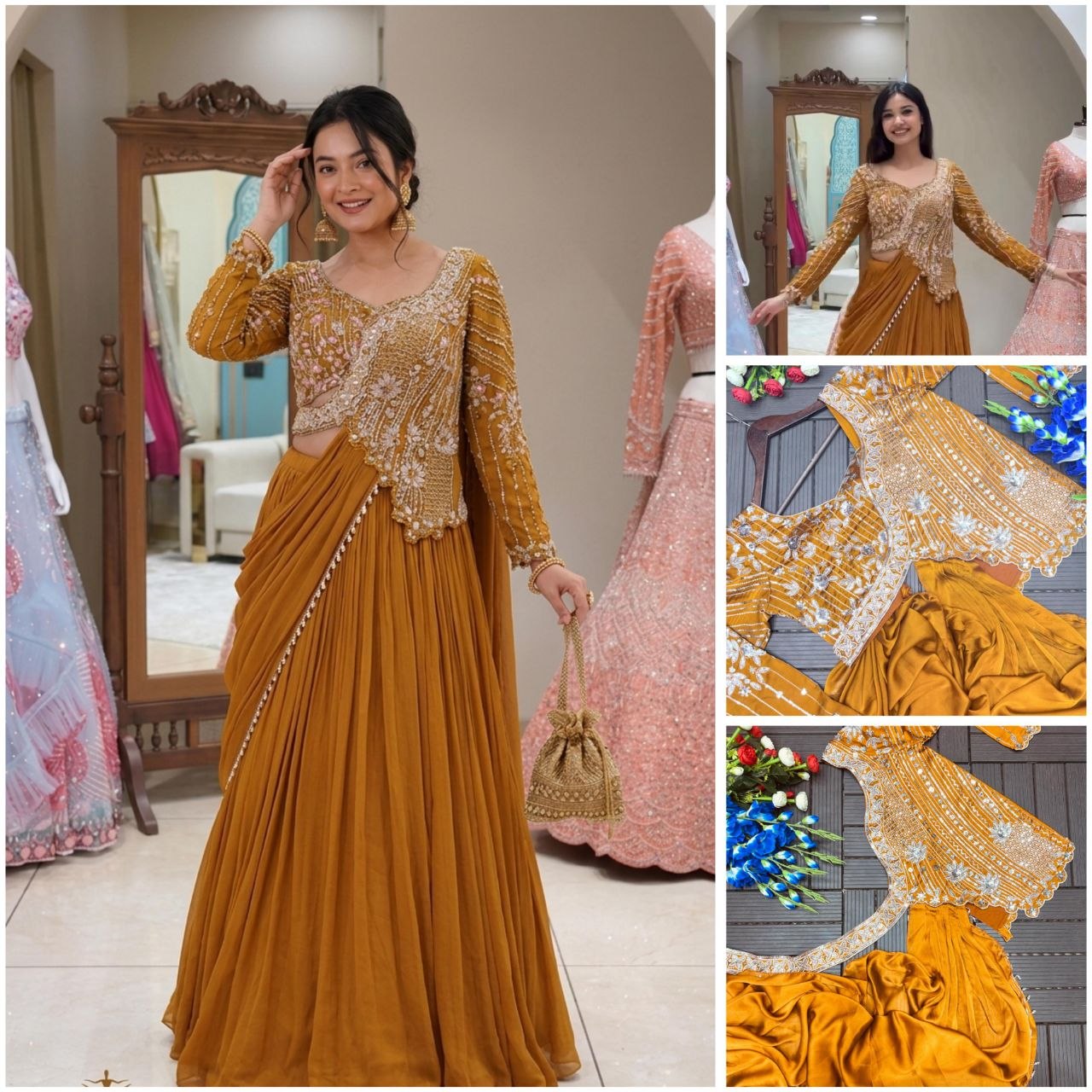 mustard embroidered lehenga choli for women festive wear