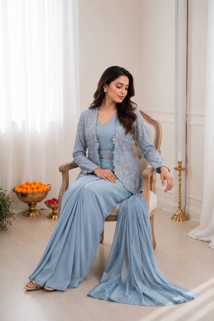 Sky Blue Ready-to-Wear Saree with Embroidered Designer Jacket & Belt Set