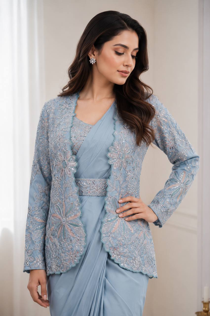 Woman wearing a light blue embroidered jacket over a saree 