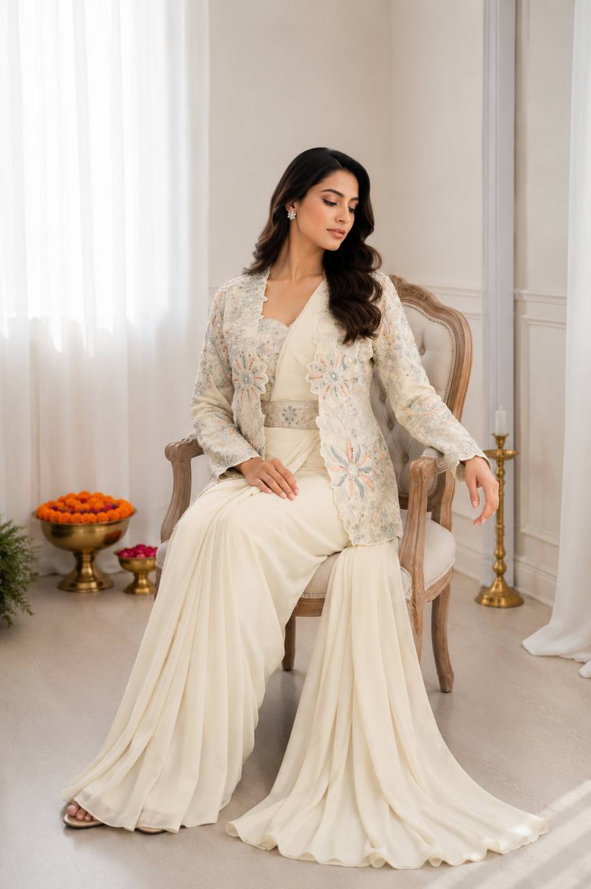Elegant Cream Ready-to-Wear Saree with Embroidered Designer Jacket & Belt