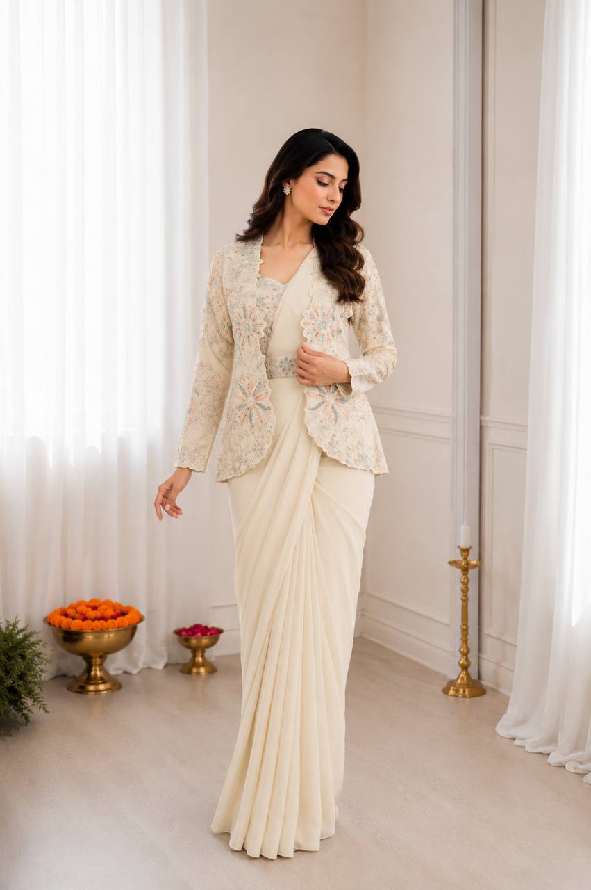 Elegant Cream Ready-to-Wear Saree with Embroidered Designer Jacket & Belt