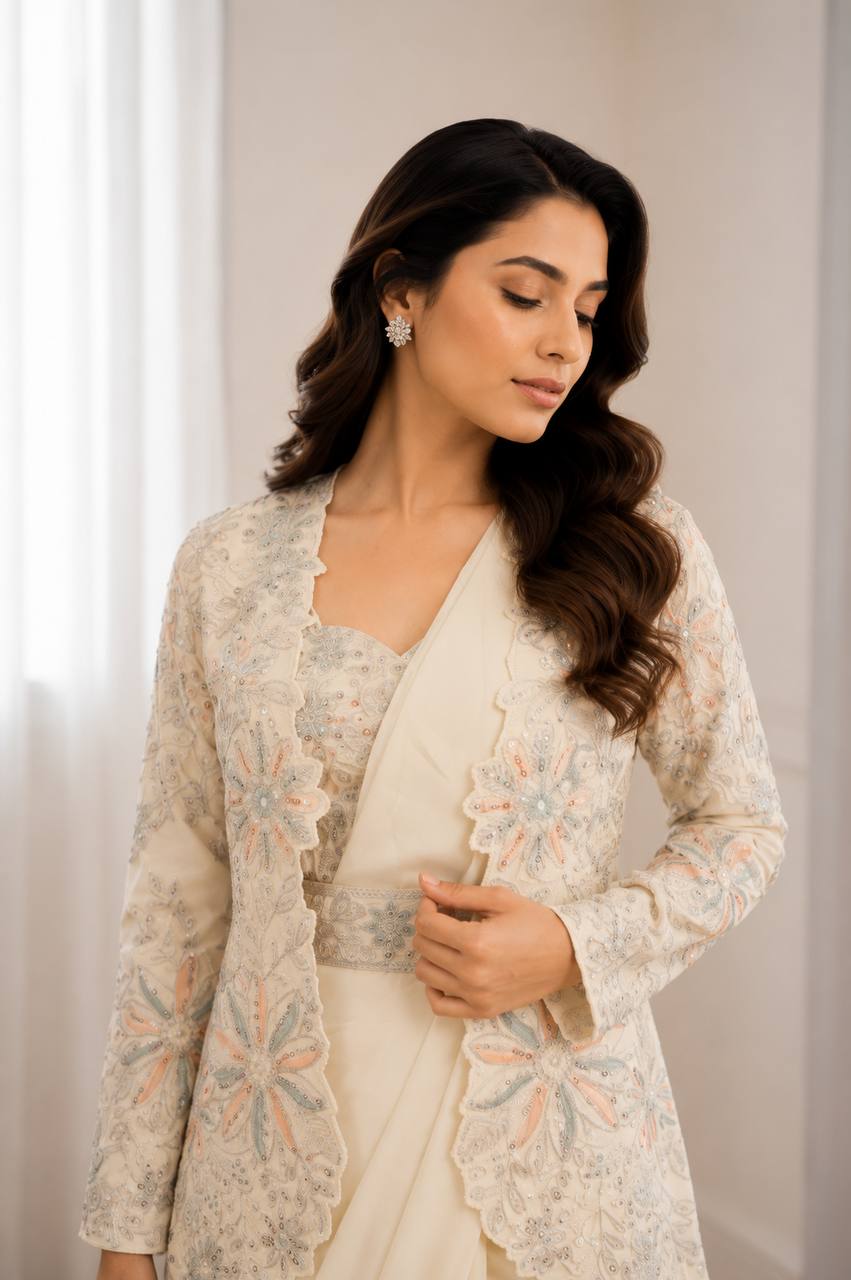 Elegant Cream Ready-to-Wear Saree with Embroidered Designer Jacket & Belt
