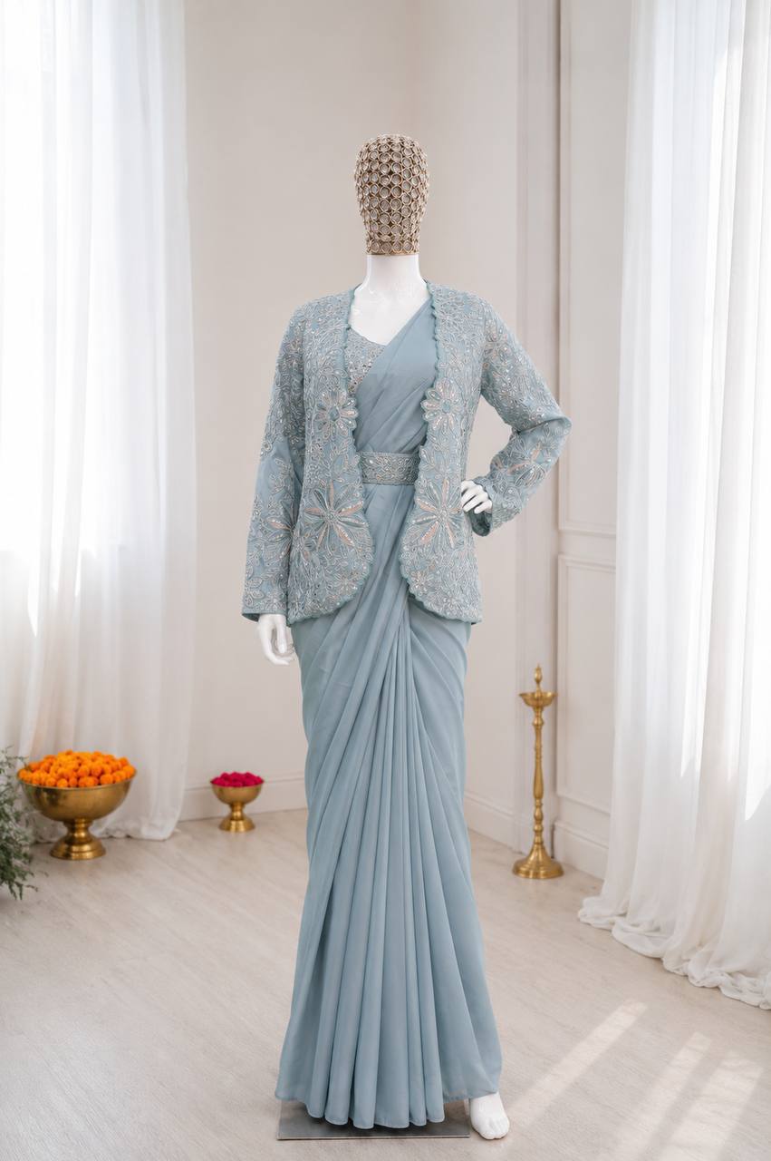 Sky Blue Ready-to-Wear Saree with Embroidered Designer Jacket & Belt Set